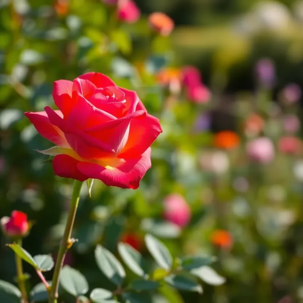 A tall vibrant rose known as Eternal Flame, representing love and memory.