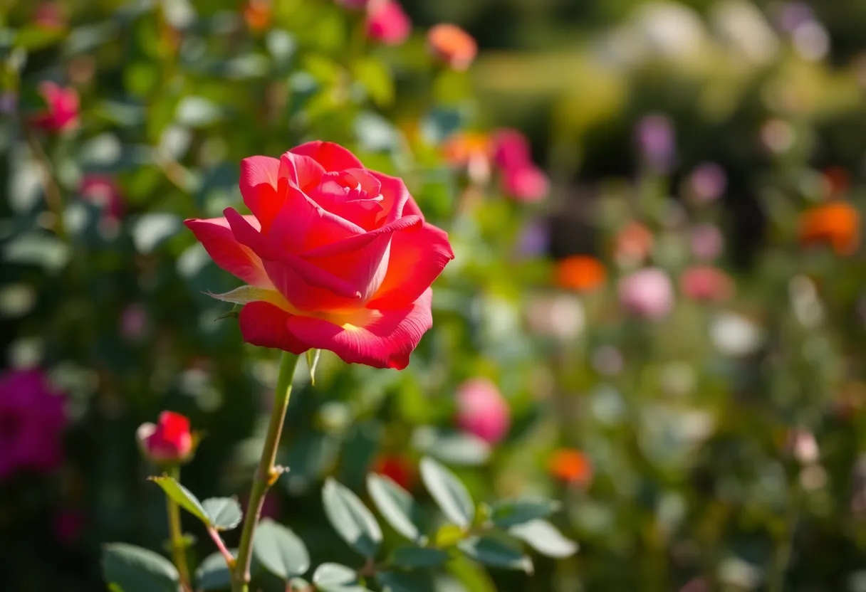 A tall vibrant rose known as Eternal Flame, representing love and memory.