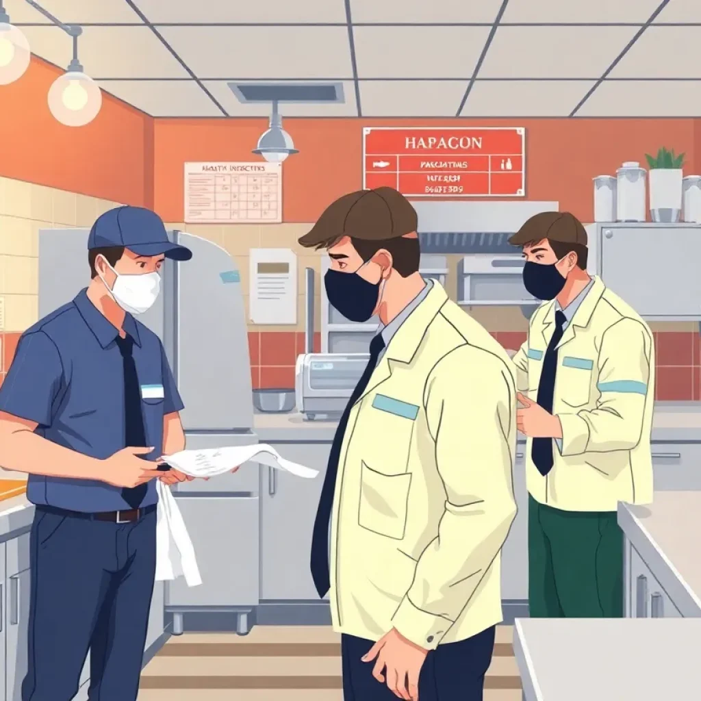Health inspectors assessing food establishment for safety violations