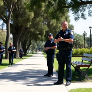 Police officers in a Fullerton park during a community event