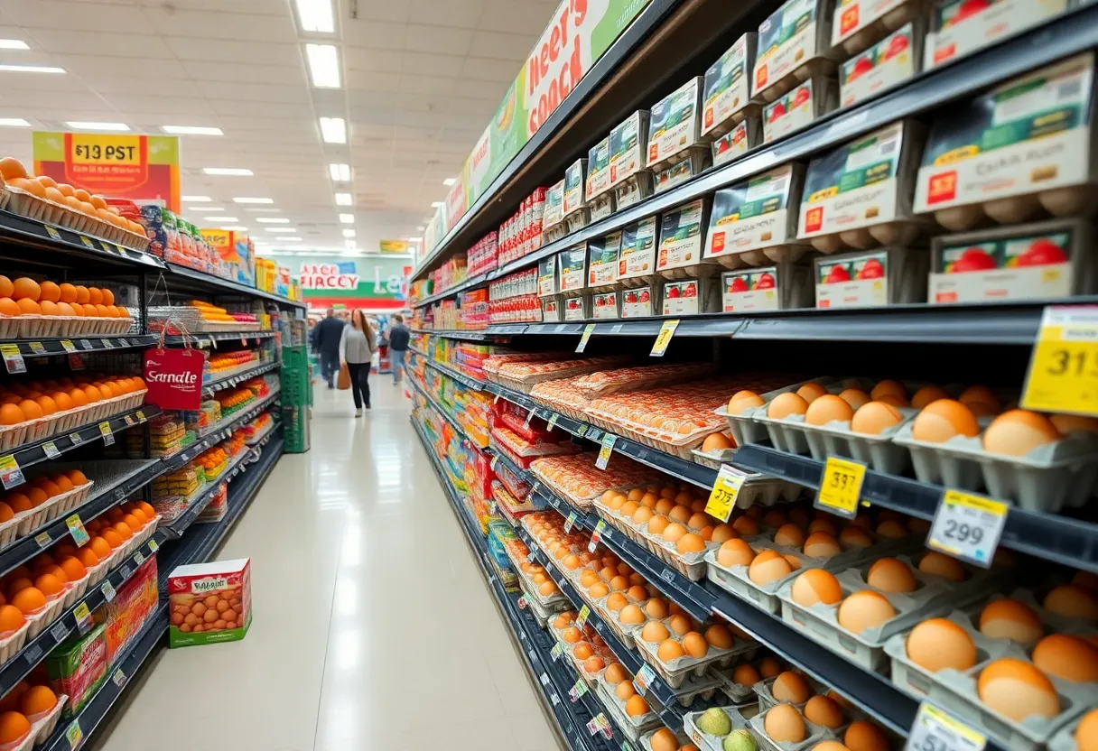 Cartons of eggs on grocery store shelves with price tags