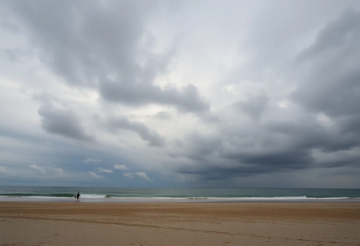 A beach scene in Huntington Beach under dark clouds symbolizing sorrow.