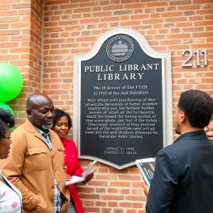 Huntington Beach Public Library celebrating its anniversary with a plaque.
