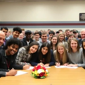 Students celebrating at Irvine High School signing letters of intent for college sports.