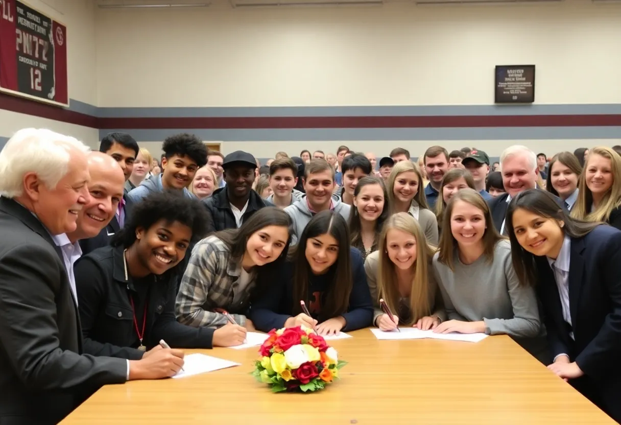 Students celebrating at Irvine High School signing letters of intent for college sports.