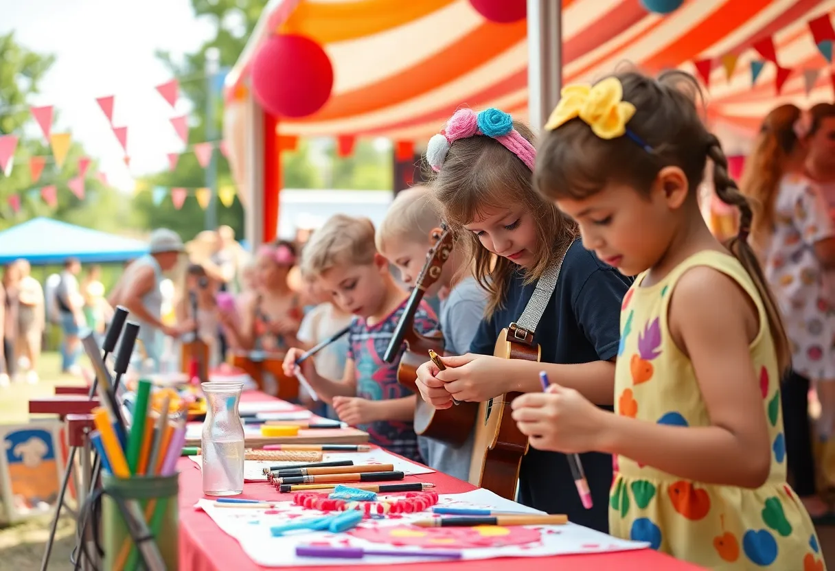 Children participating in music and art activities at the Irvine Kidstock Festival.