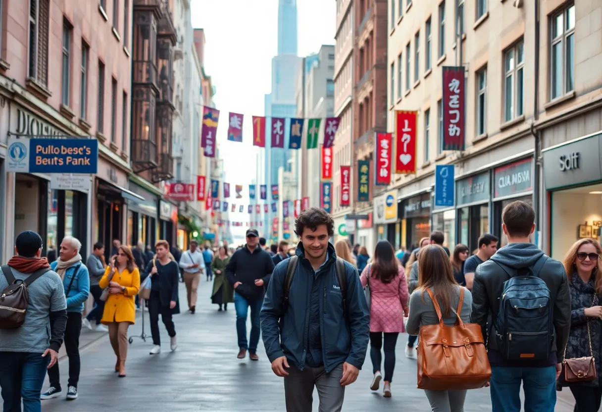 A bustling street in Irvine with people socializing and looking around cautiously.