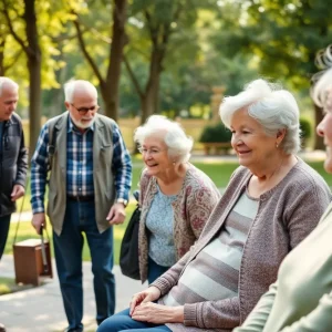 Residents of Laguna Woods community interacting in a park