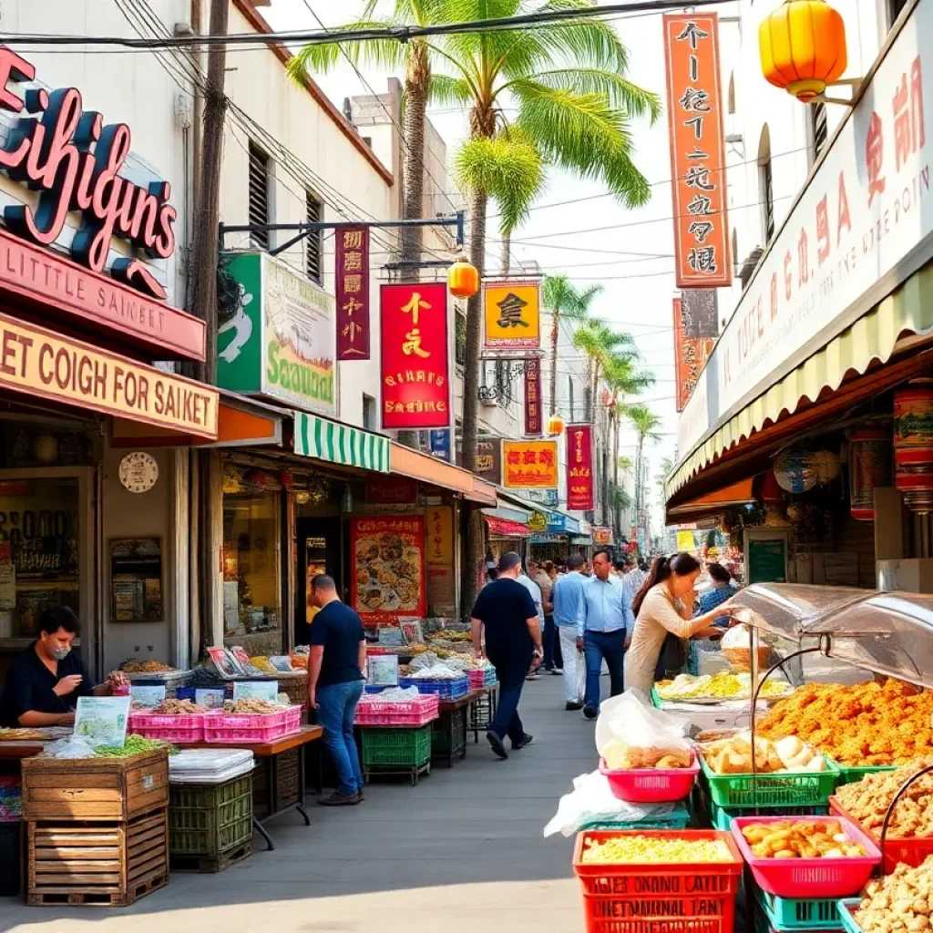 A vibrant street scene from Little Saigon featuring Vietnamese restaurants and food markets.