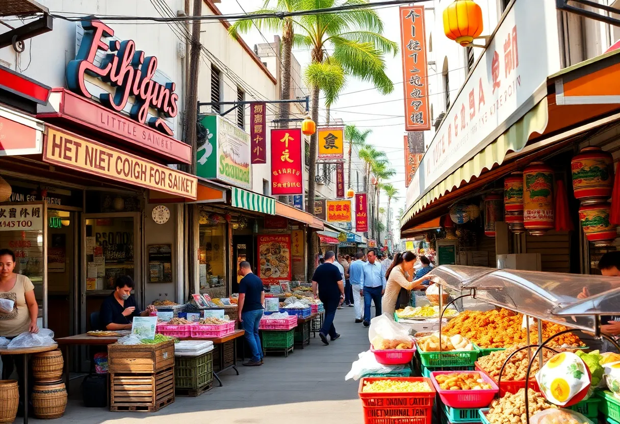 A vibrant street scene from Little Saigon featuring Vietnamese restaurants and food markets.
