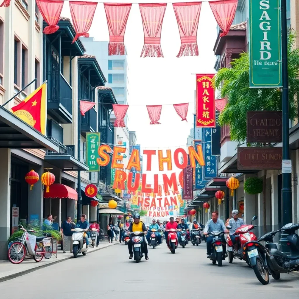 A busy street in Little Saigon filled with shops and cultural elements.
