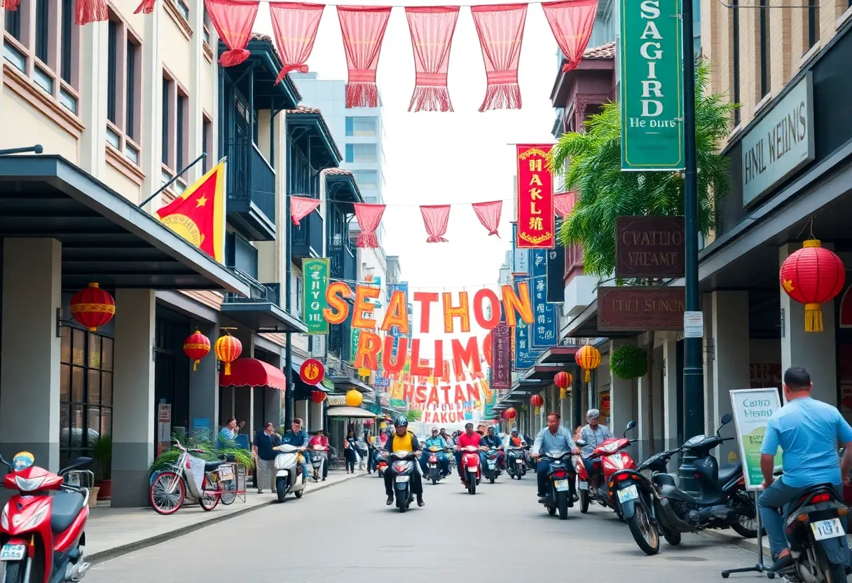 A busy street in Little Saigon filled with shops and cultural elements.