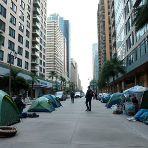 View of homelessness in Los Angeles with tents and city buildings
