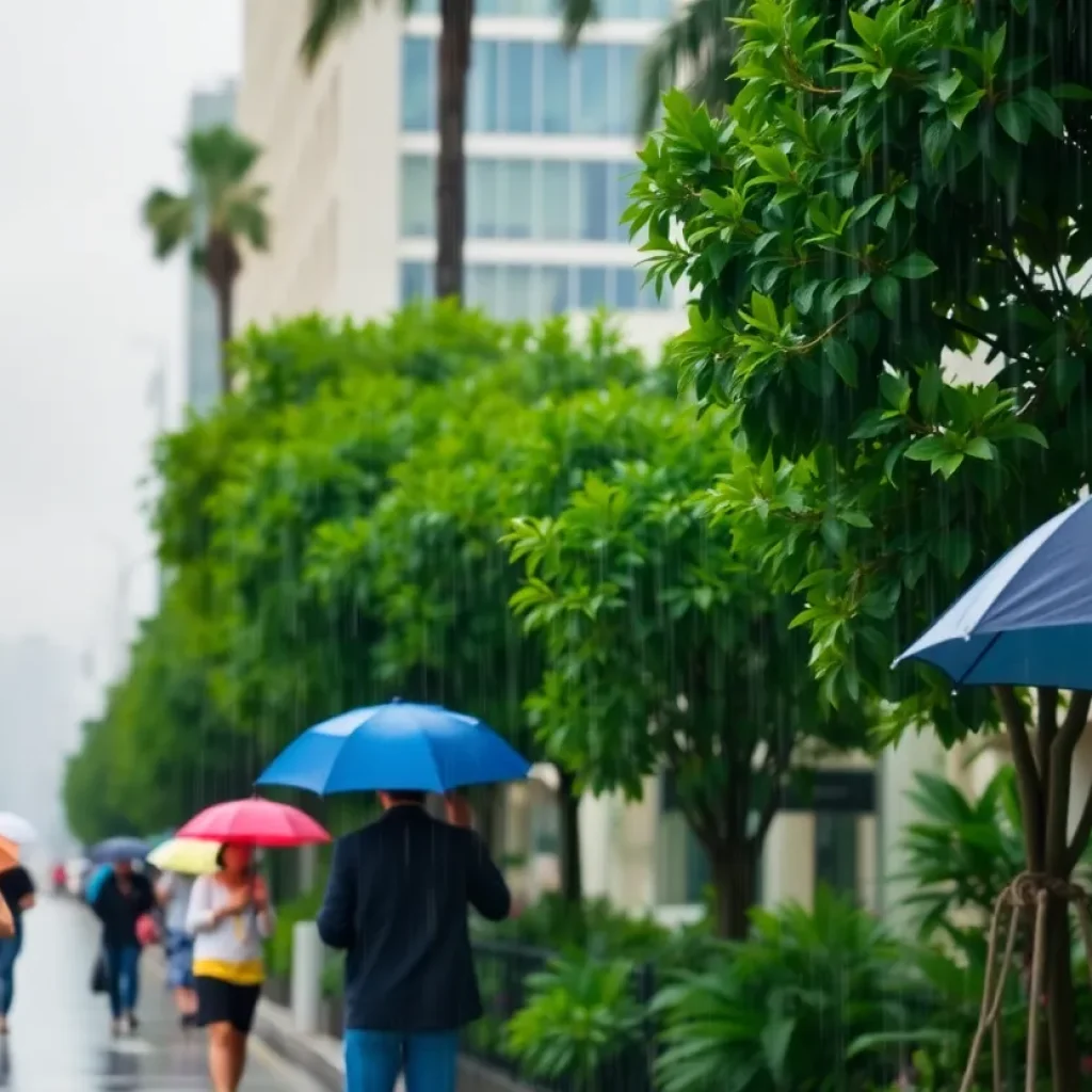 Los Angeles cityscape with rain and umbrellas