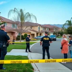 Community members gather outside an apartment complex following a shooting incident in Mission Viejo.