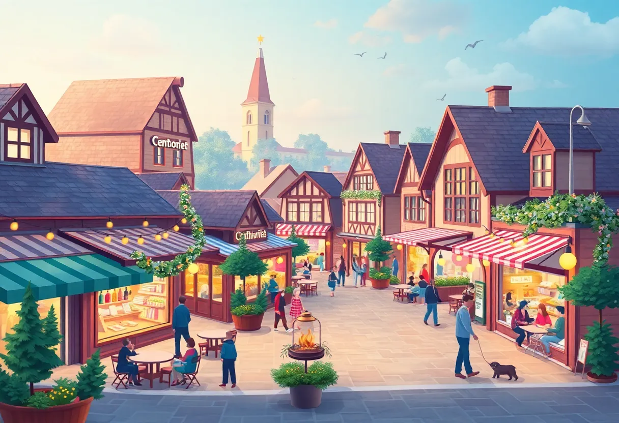 Illustration of an outdoor shopping village filled with shops and dining spots