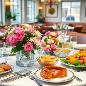 A beautifully decorated table for Mother's Day brunch with flowers and gourmet food.