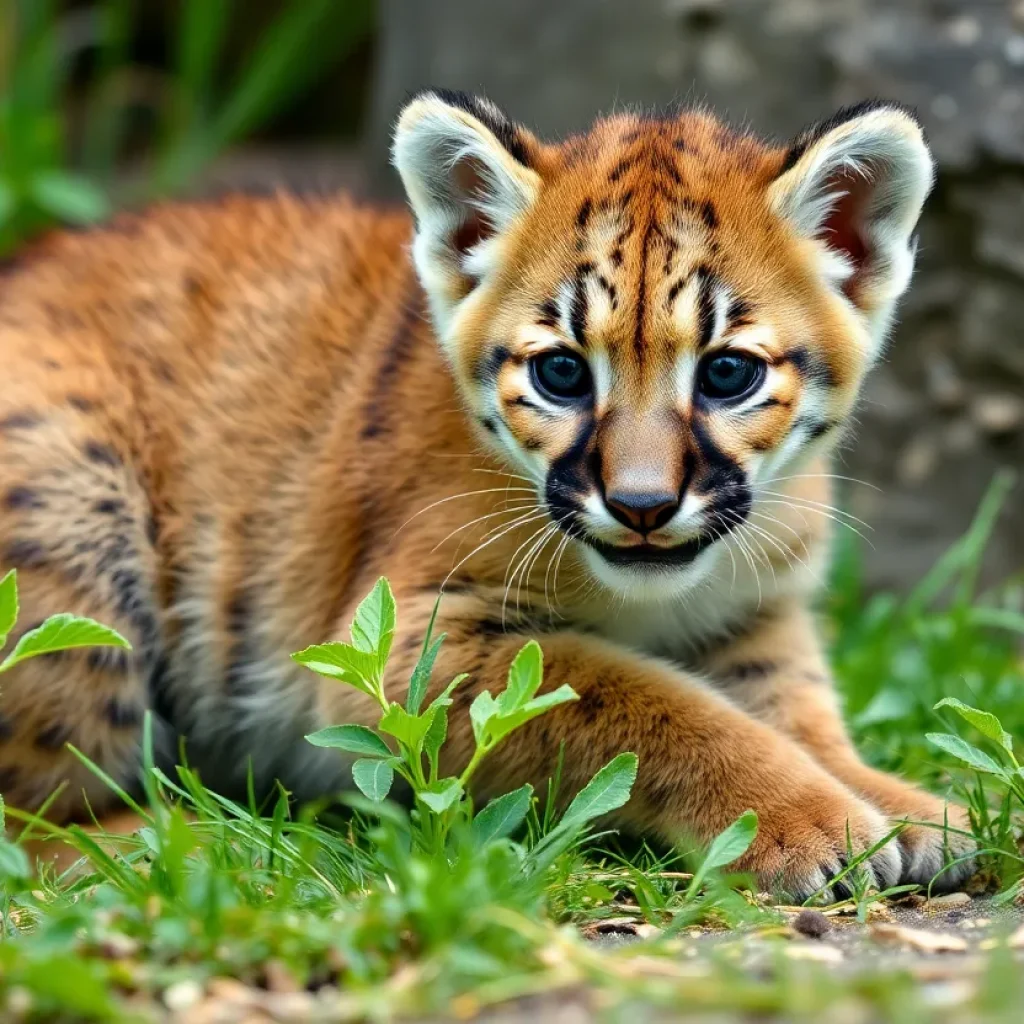 A mountain lion cub playing in a natural environment