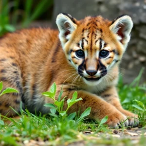 A mountain lion cub playing in a natural environment