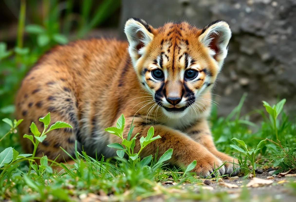 A mountain lion cub playing in a natural environment