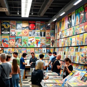 Inside view of Nuclear Comics with comic books displayed and customers engaging