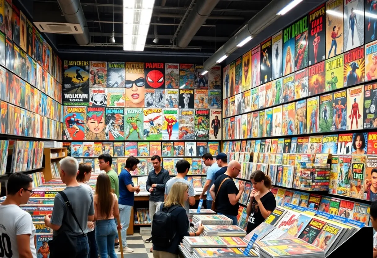 Inside view of Nuclear Comics with comic books displayed and customers engaging
