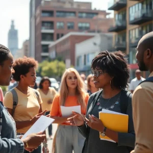 Community members engaging in discussion outdoors in Oakland.