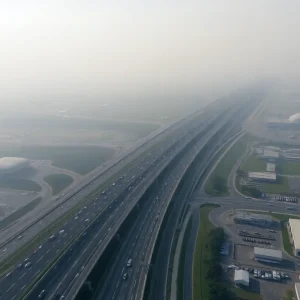 Aerial view of Ontario, California with visible air pollution and traffic.