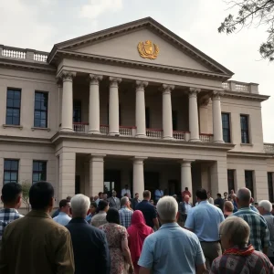Community members discussing local government issues in front of a government building.