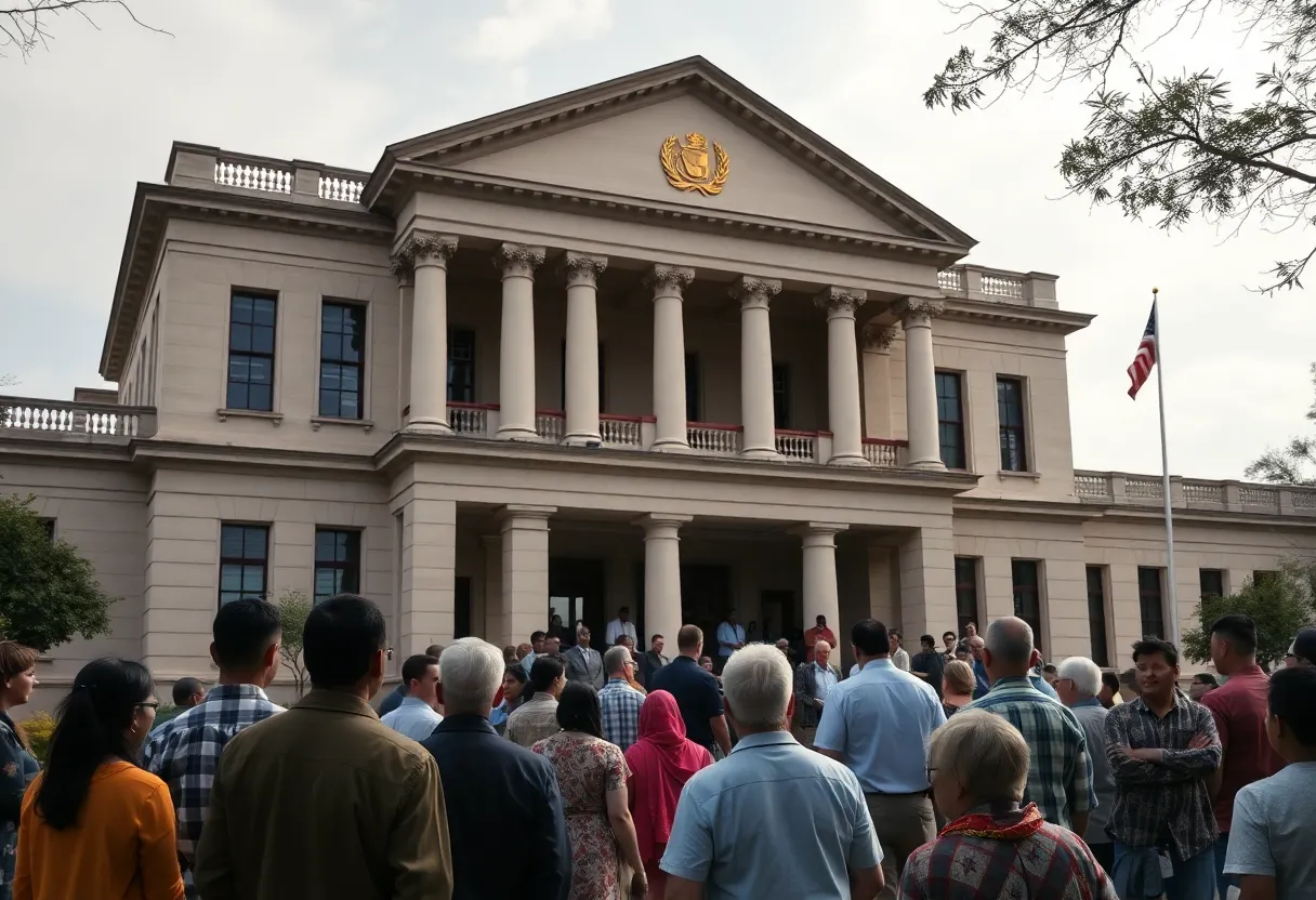 Community members discussing local government issues in front of a government building.
