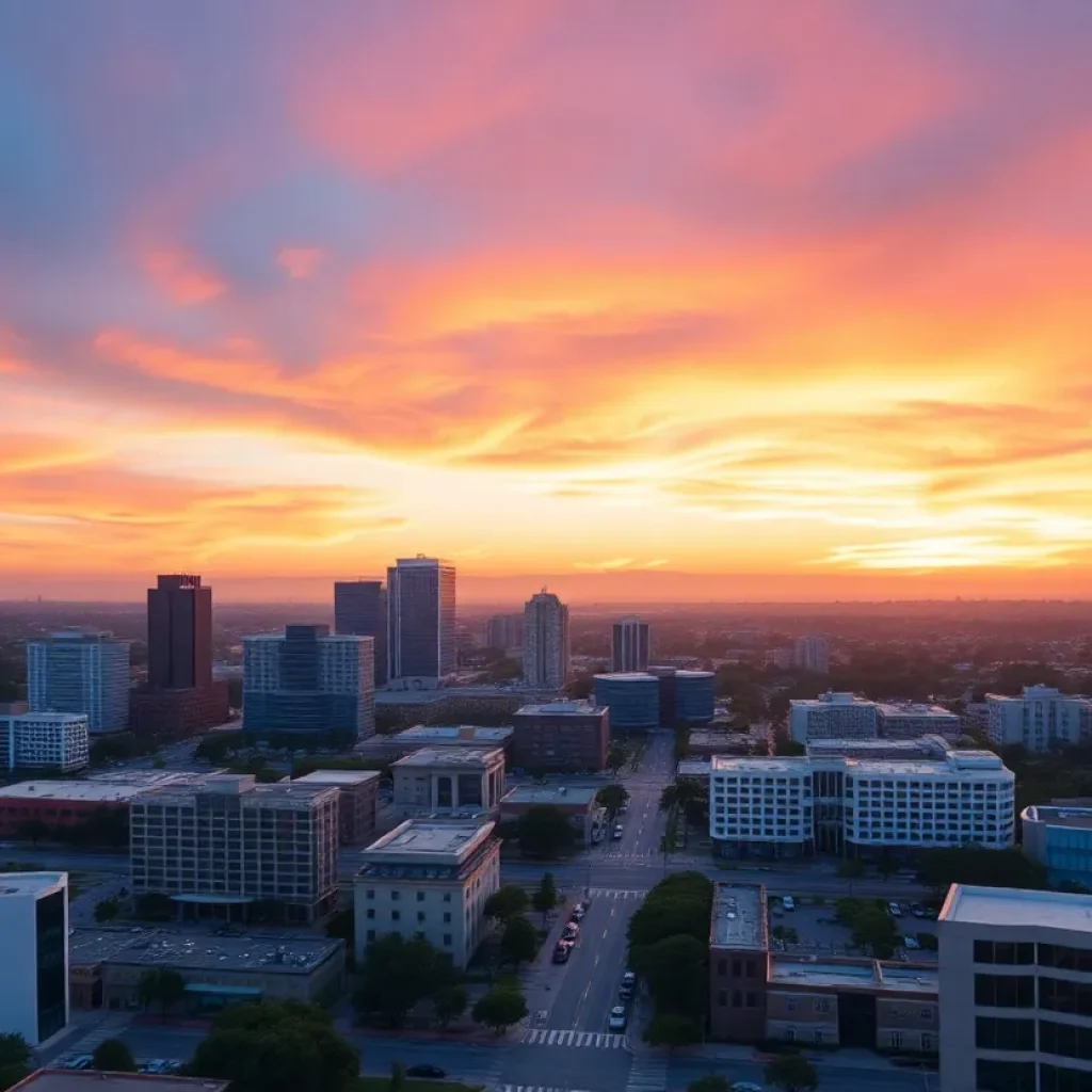 Commercial real estate buildings in Orange County at sunset