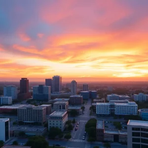Commercial real estate buildings in Orange County at sunset