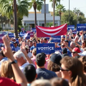 Vibrant campaign scene in Orange County showing voter engagement.