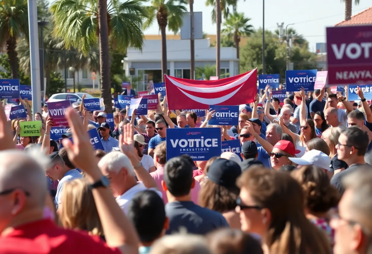 Vibrant campaign scene in Orange County showing voter engagement.