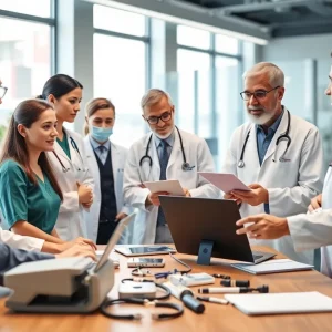 Healthcare leaders in a discussion on future healthcare advancements.