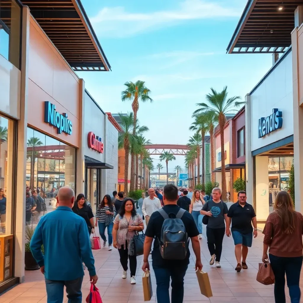 A lively retail landscape in Orange County with shoppers and modern stores