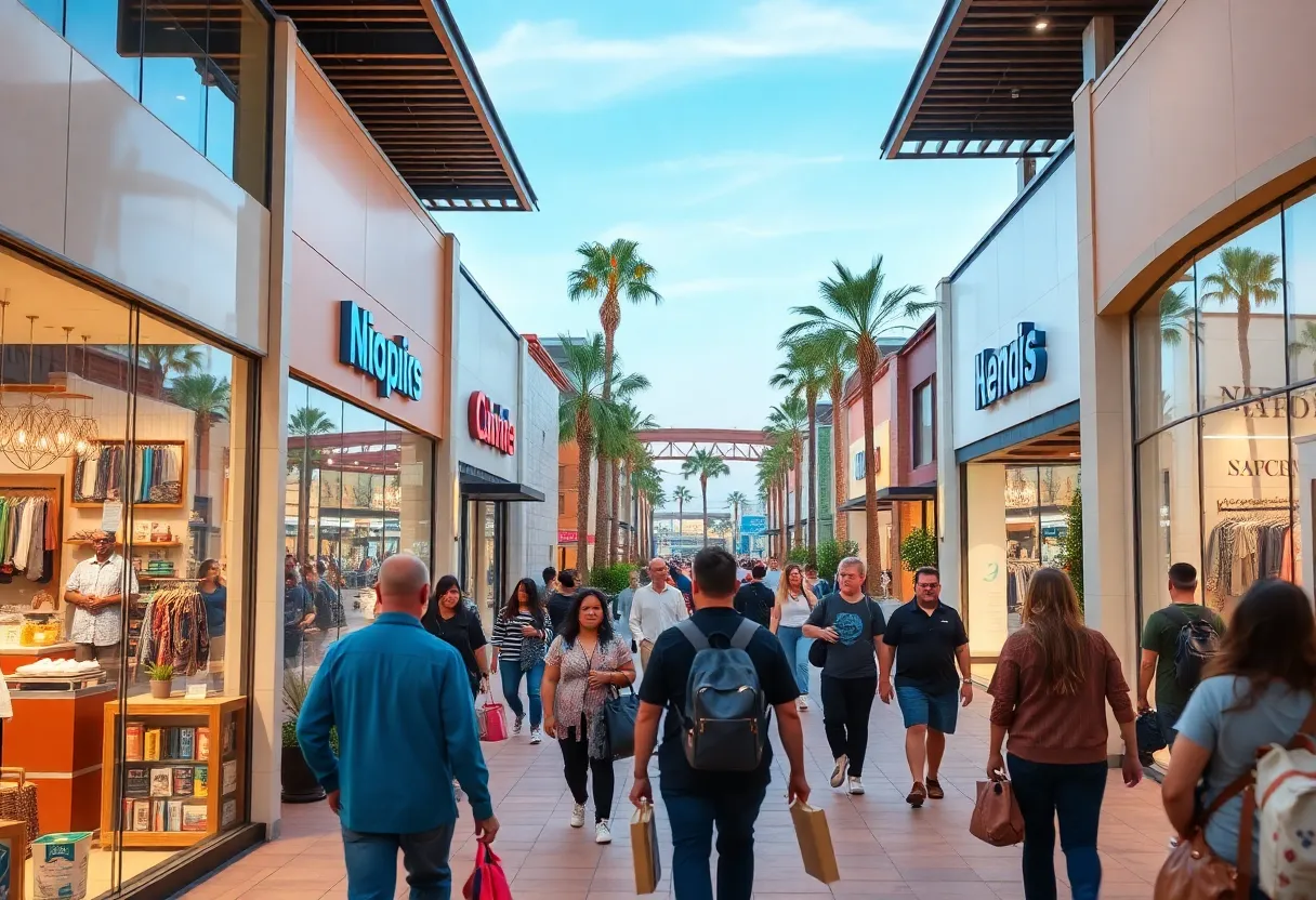 A lively retail landscape in Orange County with shoppers and modern stores