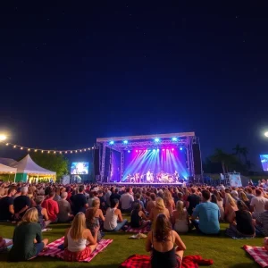 Outdoor concert in Orange County with a diverse crowd enjoying live music