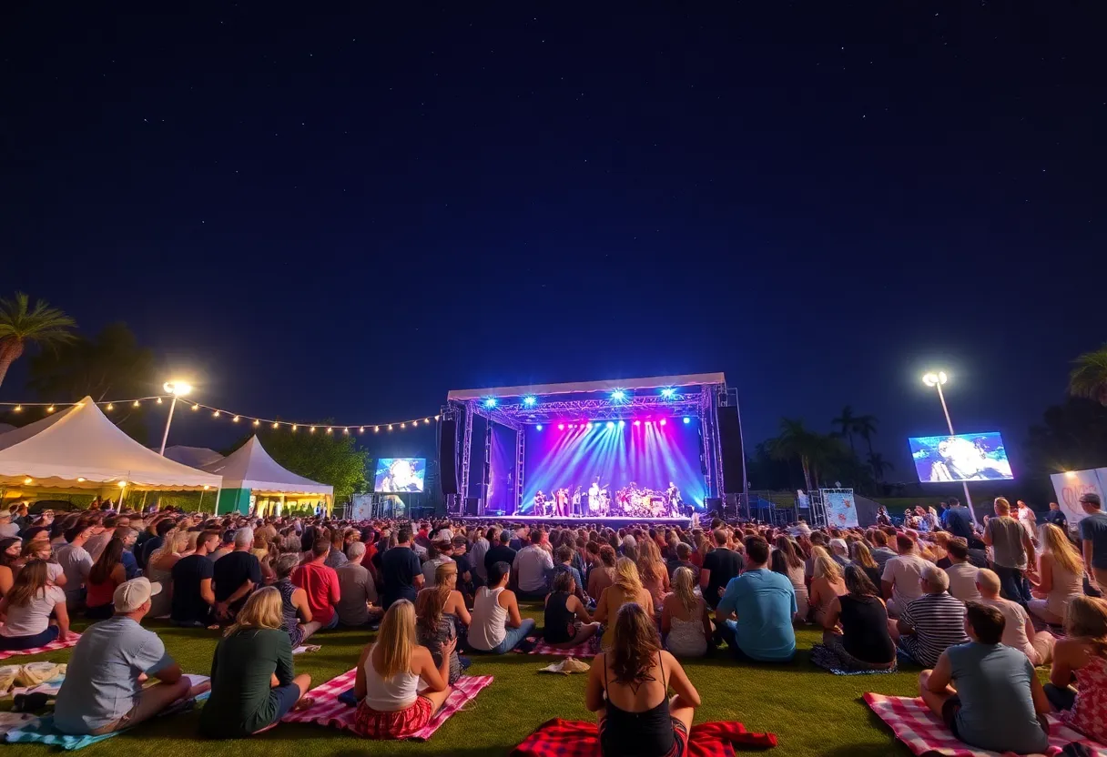 Outdoor concert in Orange County with a diverse crowd enjoying live music