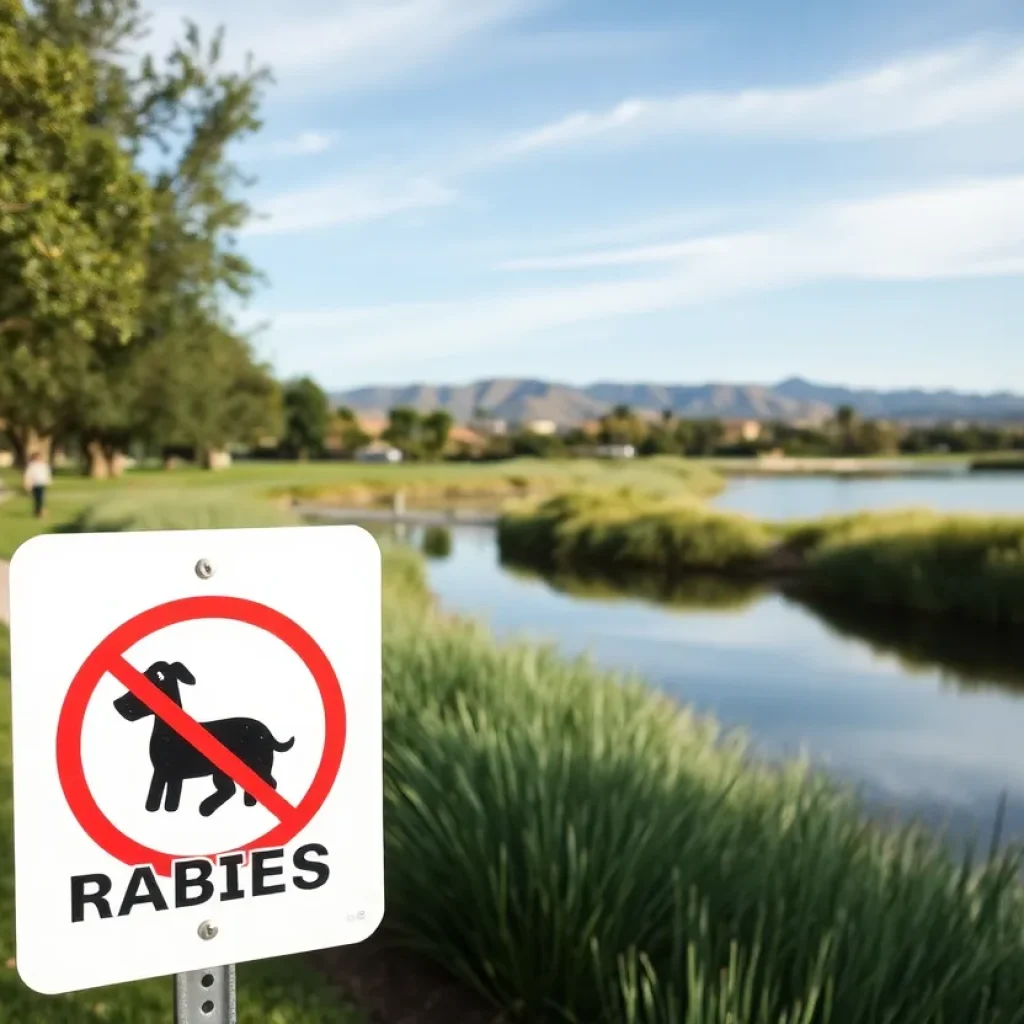 Warning sign about rabies near a lake walking path in Rancho Santa Margarita