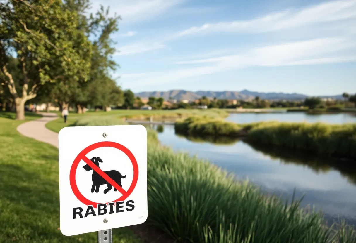 Warning sign about rabies near a lake walking path in Rancho Santa Margarita