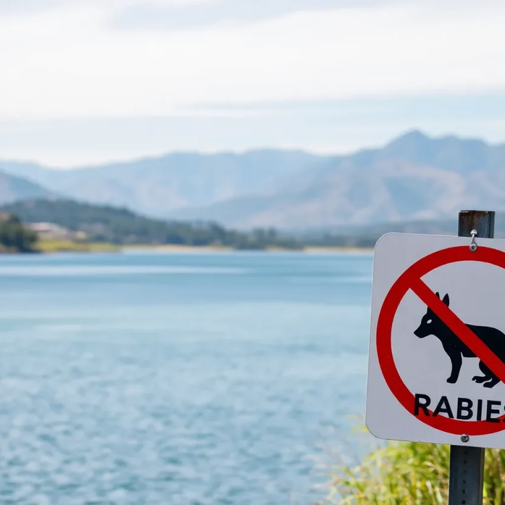 A warning sign about rabies by Rancho Santa Margarita Lake with lush greenery in the background.