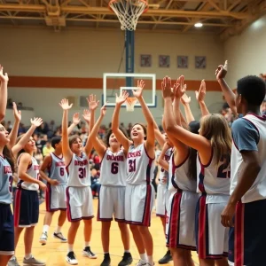 Saddleback High School boys basketball team celebrating a game victory.