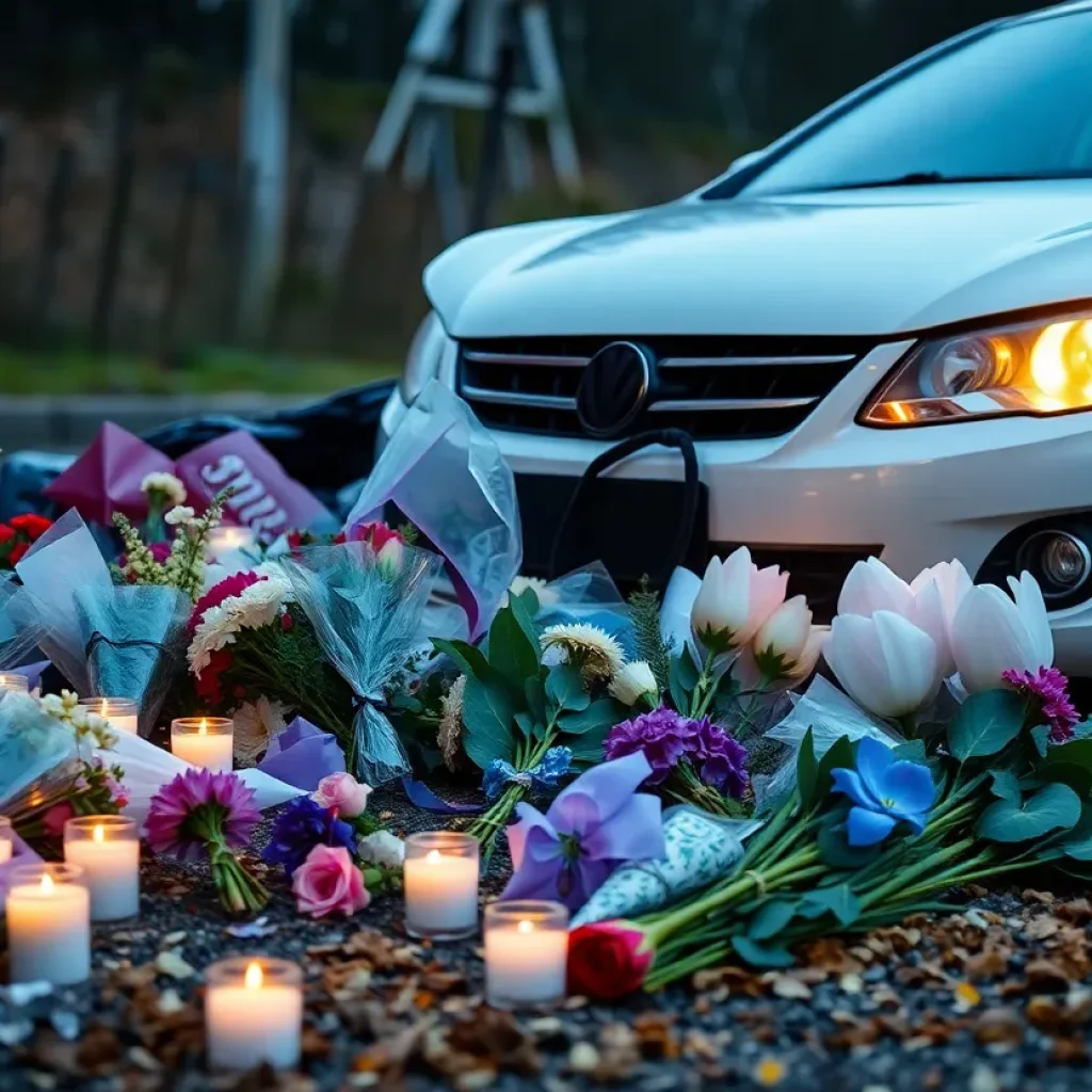 Memorial with flowers and candles for victims of a car crash