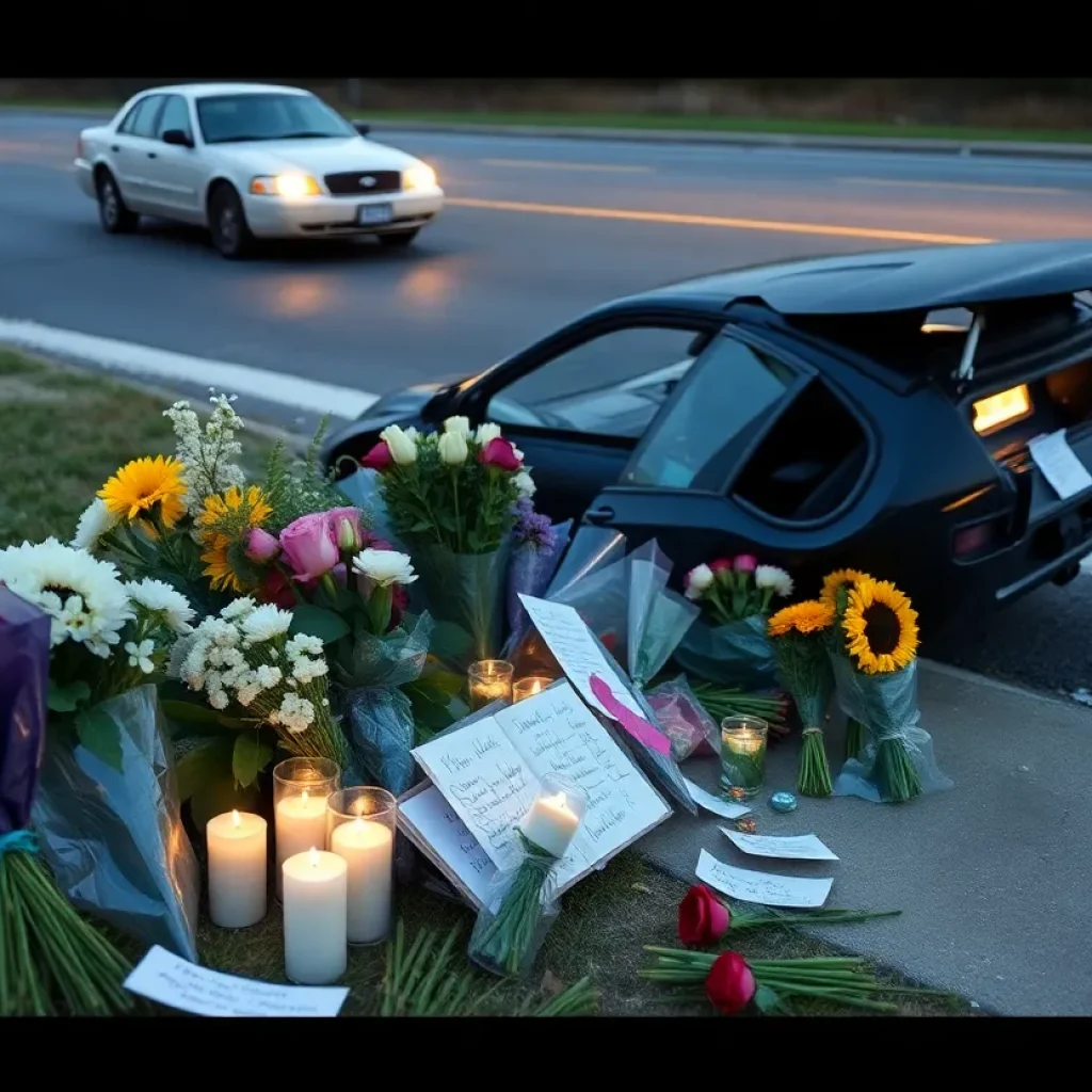 Memorial at crash site in Santa Ana with flowers and candles