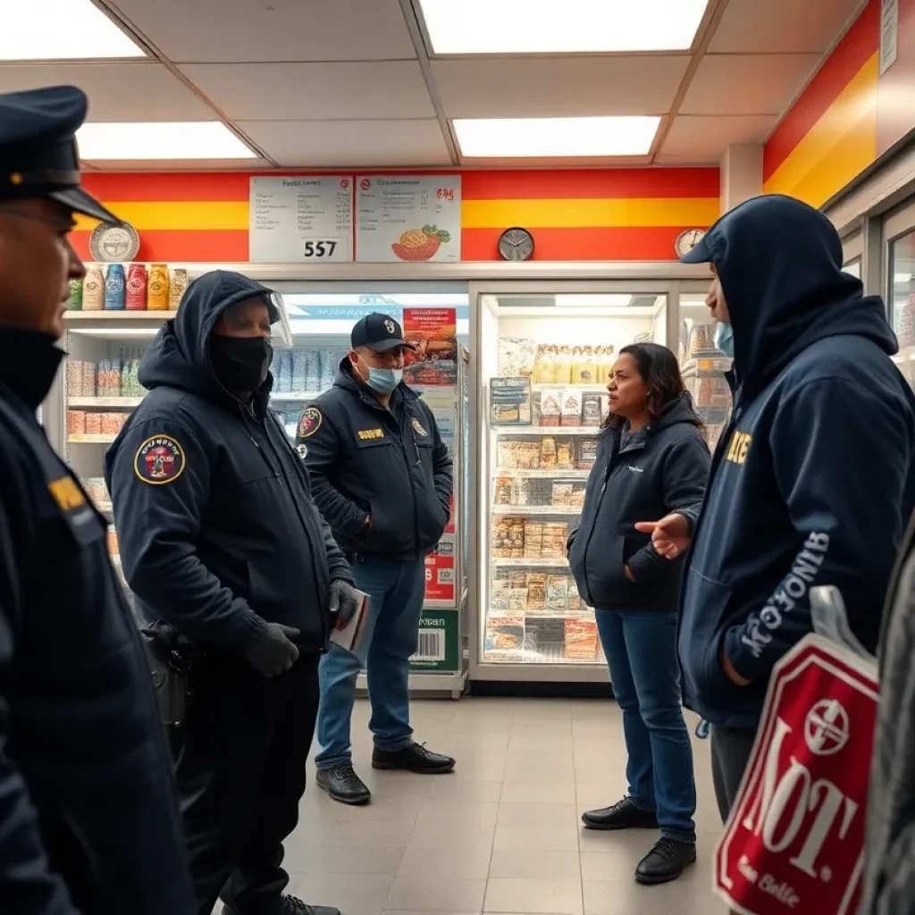 Community discussion on gang violence outside a convenience store