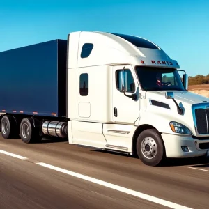 An autonomous heavy-duty truck driving on a highway in California.