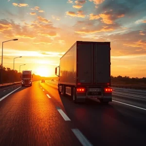 Futuristic self-driving heavy-duty trucks navigating a California highway.