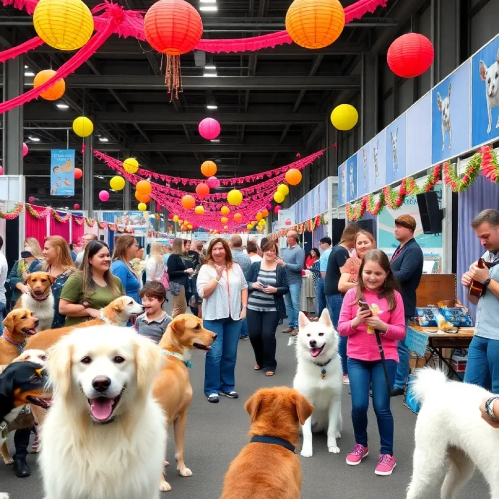 Scene from South County Pet Expo with families, pets, and colorful decorations