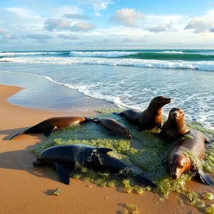 Beach scene illustrating the effects of harmful algal blooms on marine mammals.